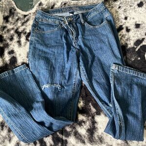 Straight legged, dark wash